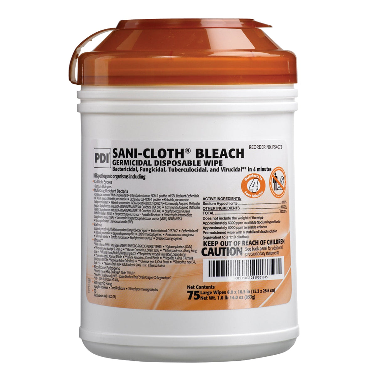 Pdi Sani-Cloth Bleach Germicidal Disposable Wipe - Canisters (Clinical Size)